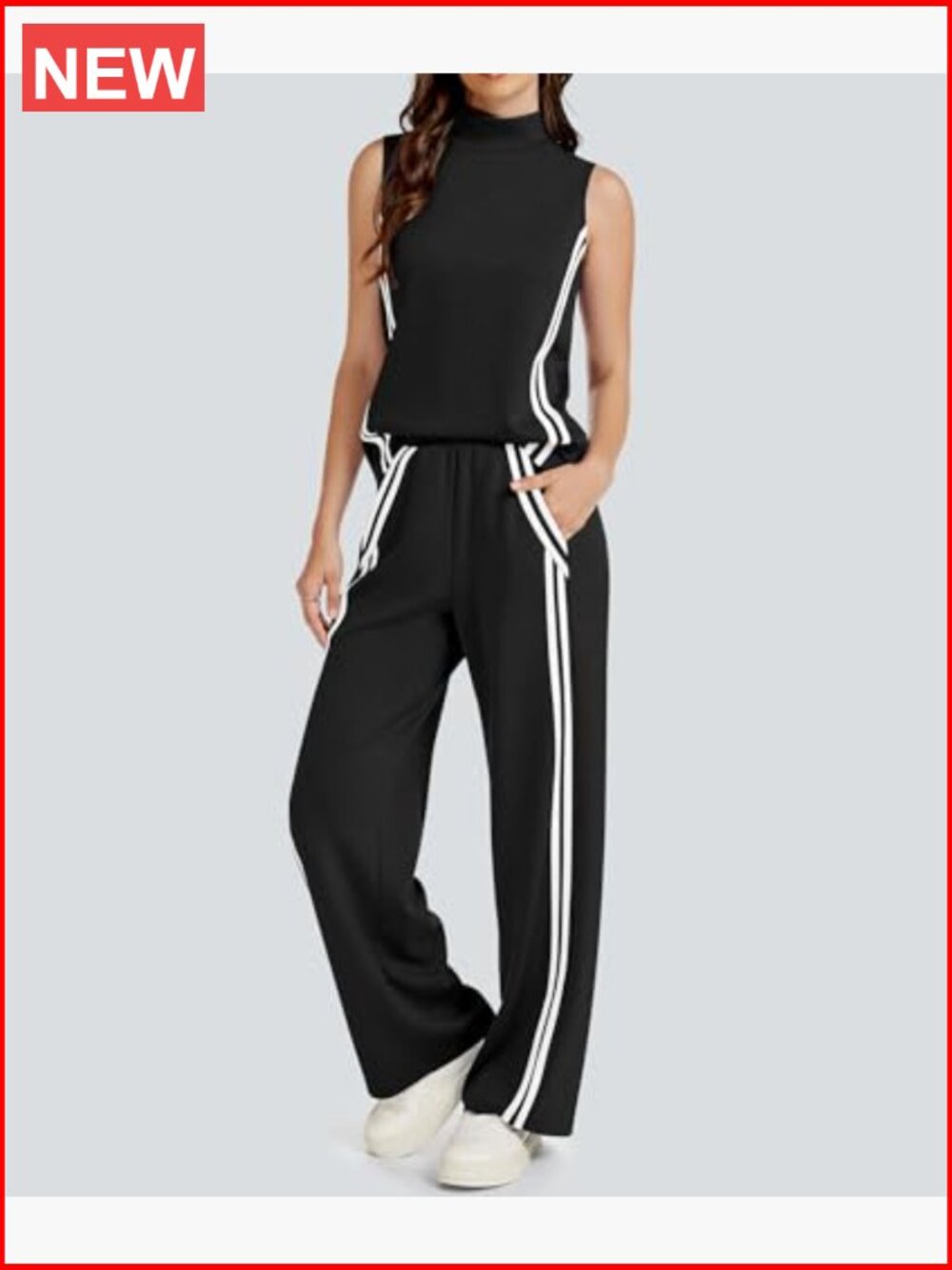 Women's 2 Piece Lounge Set Stripes Mock Neck Tank Top Wide Leg Pants Sweatsuit - Picture 4 of 7